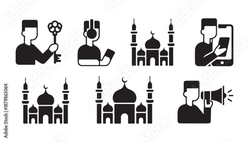 Male religious figures interacting with technology and holding large ornate key near detailed mosque buildings