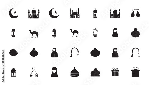 Islamic culture and religion flat black vector icon set featuring mosque camel lantern and pilgrimage symbols