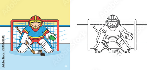 Hockey Goalie Character in Front of Goal Post Vector Illustration, Colored and Black and White Line Art Coloring Page for Kids, Ice Hockey Sports Activity for Children Education