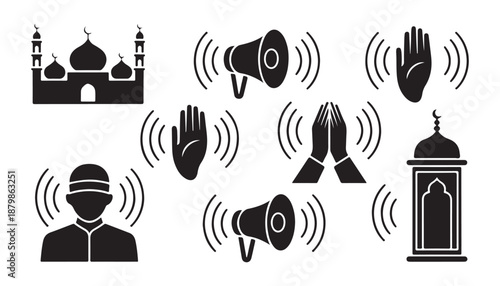 Islamic religious icons featuring mosque man prayer hands megaphone and lantern with sound waves