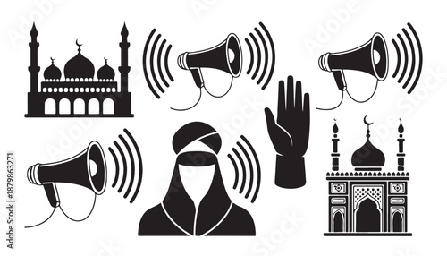 Set of Islamic symbols sound broadcasting and human figures with audio communication elements