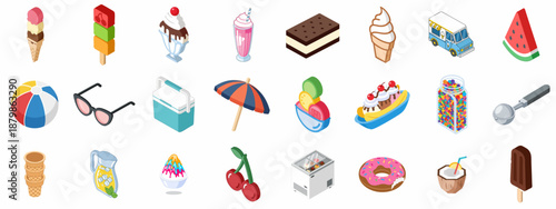 Isometric Set of Summer and Frozen Dessert Icons, Including Ice Cream, Popsicles, Beach Items, and Refreshing Drinks.