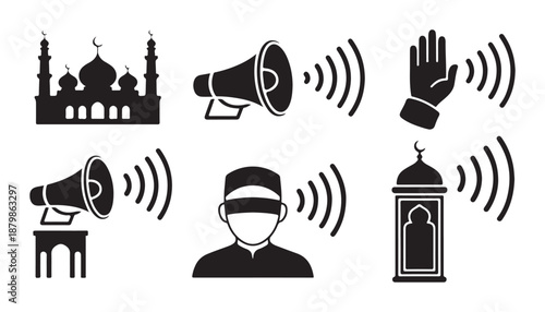 Adhan call to prayer icons set with mosque loudspeaker and muslim man silhouette for islamic design