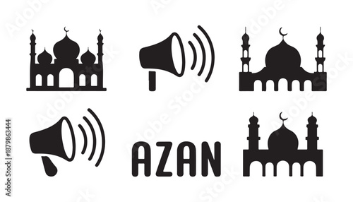 Azan icon set with mosque silhouettes and megaphones representing islamic call to prayer