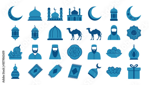 Blue Islamic icons collection crescent moon mosque lantern camel and traditional clothing symbols.