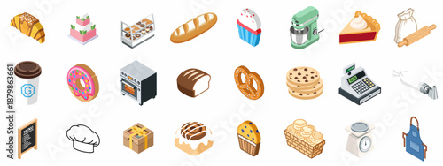 Comprehensive Isometric Icons for Bakery, Pastry Shop, and Baking Supplies, including various desserts, breads, equipment, and retail elements.
