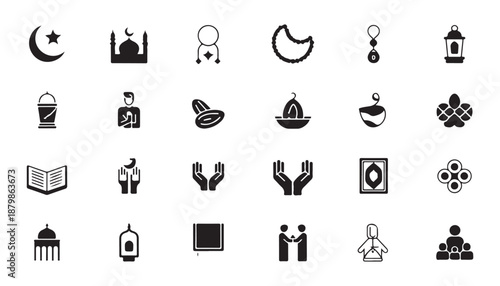 Islamic icon set moon star mosque prayer beads open book and Muslim attire symbols.