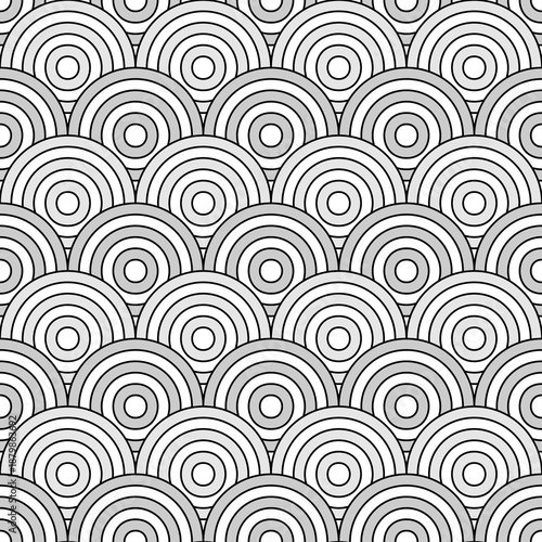 Seamless Japanese0 pattern with scales. Fish scale wallpaper. Asian traditional ornament with repeated scallops. Repeated circles and semicircles background. Vinyl motif. Surface design. Vector art.