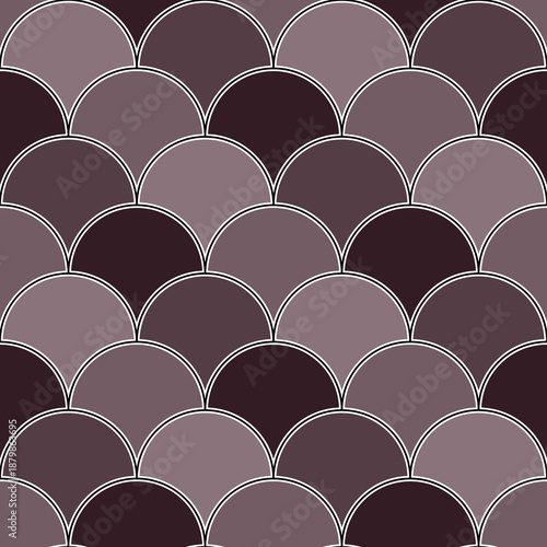 Fish scale wallpaper. Asian traditional ethnic ornament with repeated scallops. Repeated color circular figures background. Seamless surface pattern design with scales. Squama motif. Digital paper art