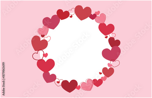 赤い色々なハートの丸型フレームピンク背景ベクターイラスト素材
