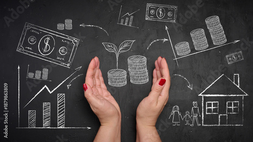 A woman's hands protect a chalk drawing of stacks of coins with a growing sprout, surrounded by financial charts