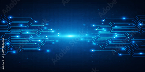 Abstract blue technology background featuring a glowing circuit board design with digital light lines and energy effects in a science communication network illustration