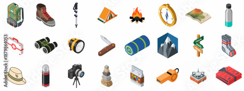 Isometric Hiking and Camping Gear Icons Set. Essential Outdoor Adventure Equipment and Survival Tools Collection on White Background.