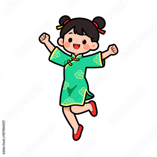 [Vector EPS]Cheerful cartoon girl in traditional Chinese dress jumping