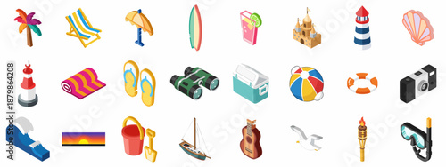 Isometric Summer Beach Vacation Icons Set: Tropical Holiday Elements including Sandcastle, Surfboard, and Travel Gear.