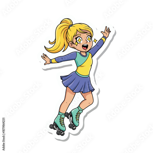 Cartoon illustration of a happy young girl rollerblading with her arms outstretched in a colorful outfit on a plain white background.