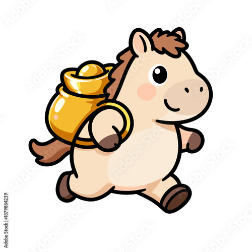 [Vector EPS]Cute cartoon horse carrying a gold bag running forward