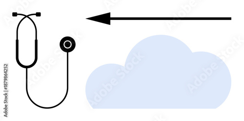 Healthcare data. Stethoscope and cloud with arrow healthcare data transfer and cloud computing. Healthcare data efficiency and digital transformation. For medical tech, cloud services