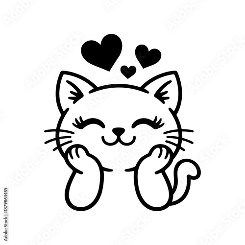 Charming black and white vector illustration of a cute cat with a joyful expression, surrounded by floating hearts, perfect for Valentine's Day or pet-themed designs.