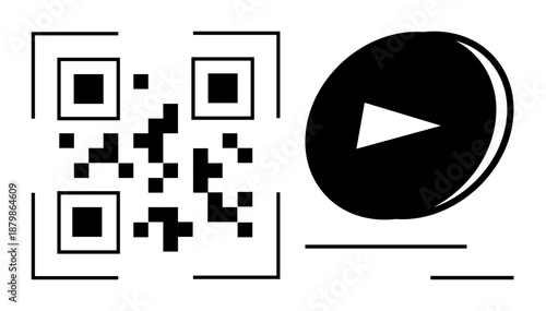 Digital marketing, technology, online access, multimedia, video streaming, scanning. Black-and-white QR code beside a play button. Digital marketing and technology concepts