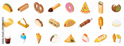 Large Isometric Collection of Global Street Food, Snacks, Fast Food, and Desserts, Including Tacos, Churros, Hot Dogs, Pizza, and Sweets.