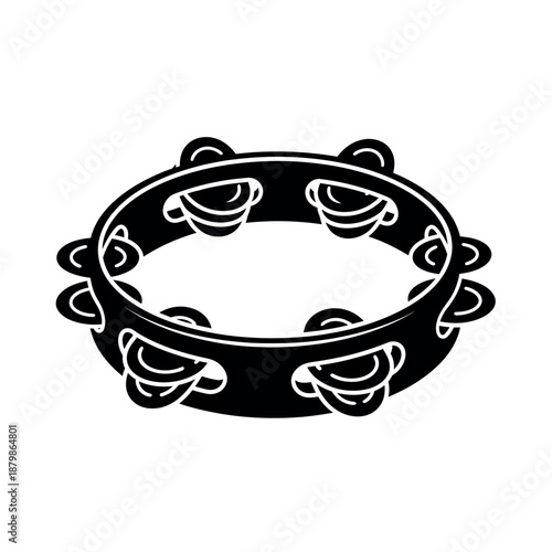 Tambourine musical instrument black and white illustration.