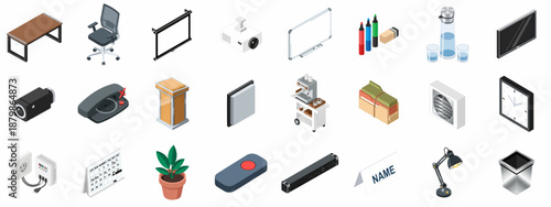 Isometric Set of Office and Conference Room Equipment, Furniture, and Supplies for Business, Presentation, and Workplace Needs.