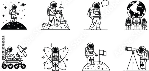 Set of astronaut line art icons featuring moon landing, lunar surface exploration, space walks, and cosmic discovery isolated on white background, galaxy theme.