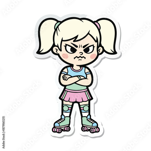 A cartoon illustration of an angry young girl with blonde pigtails wearing a blue shirt, pink skirt, and green roller skates with a white background.