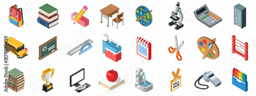 Isometric Collection of School Supplies and Education Objects Set.