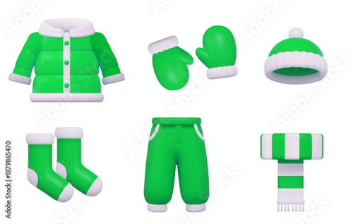 3d green socks, down jacket,striped scarf, mittens, hat, warm pants icon. Winter clothing. Stock vector illustration on isolated background.