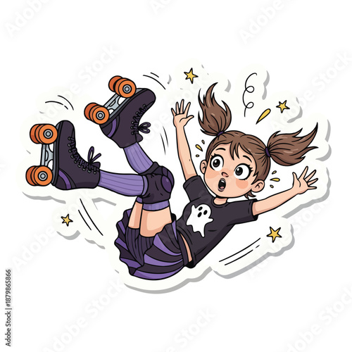 A cartoon girl wearing roller skates falling sideways with a surprised expression on a white background with motion lines and stars.