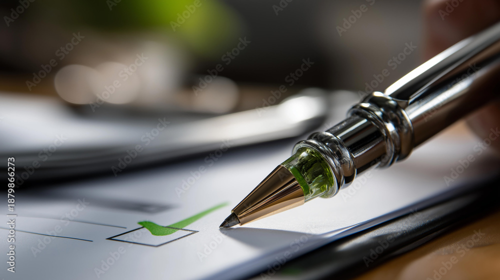 Naklejka premium Green check mark icon representing governance compliance and verification in conceptual report design, approval symbolism, with copy space