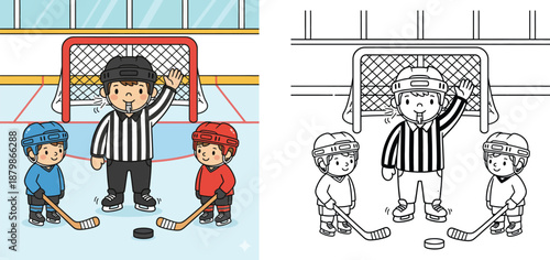 Cute Ice Hockey Referee and Little Players on Rink with Goal and Puck, Coloring Book Page and Color Illustration Set for Kids, Sport Competition Character Design Activity