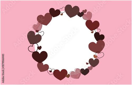 ブラウンの色々なハートの丸型フレームピンク背景ベクターイラスト素材