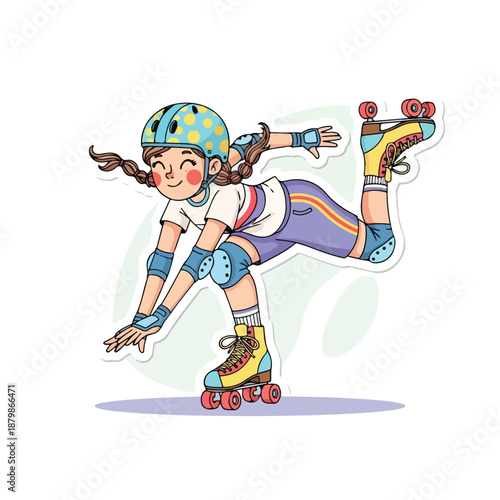A cartoon girl wearing a helmet and protective gear roller skates on a white background with a playful mood and colorful outfit.
