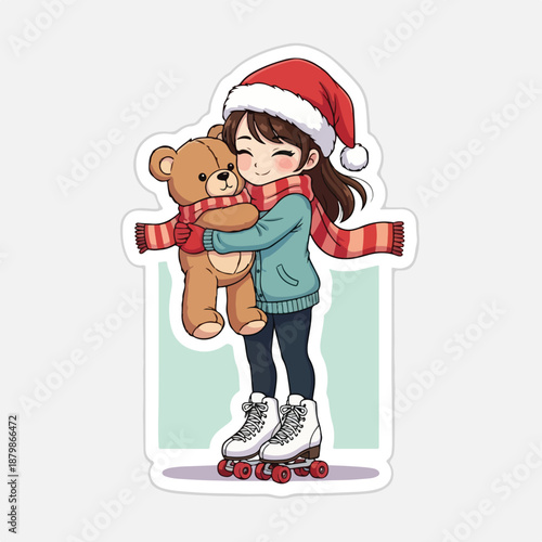 A cartoon girl wearing a Santa hat and roller skates hugs a teddy bear with a red scarf on a pastel green background with a festive holiday mood.