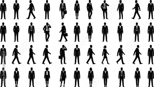Grid of business professional silhouette icons in varied poses and activities