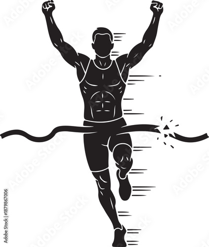 Runner finishing victory pose silhouette, high-contrast design.