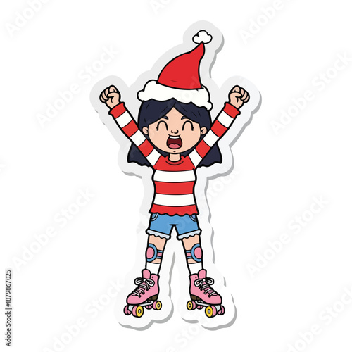 Cartoon girl wearing a Santa hat and roller skates with her arms raised in excitement on a white background with a playful mood.
