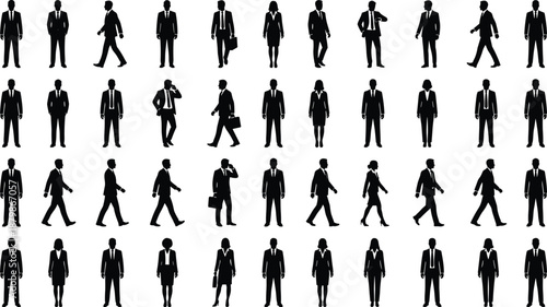 Grid of business professional silhouette icons in varied poses and activities