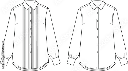 Technical flat sketches of long-sleeved button-up shirts, pleated and plain front panel variations