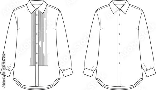 Technical flat sketches of long-sleeved button-up shirts, pleated and plain front panel variations