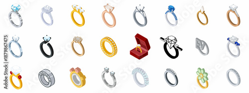 Luxury Jewelry Ring Collection Isometric Icons: Set of Diamond Engagement Rings, Wedding Bands, and Precious Gem Accessories.