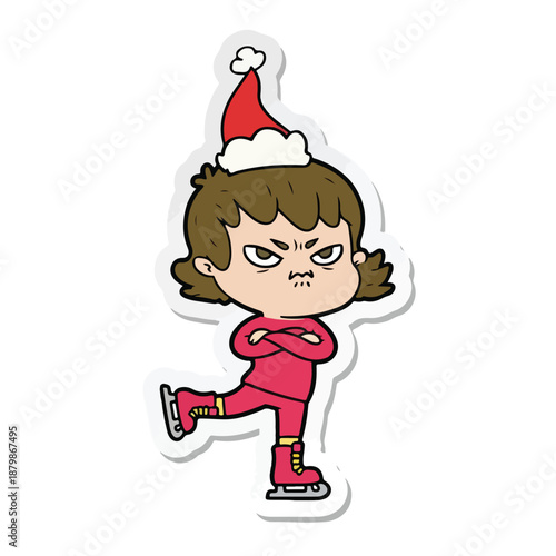 Cartoon illustration of an angry woman wearing a Santa hat and ice skates with a white background and festive holiday theme.