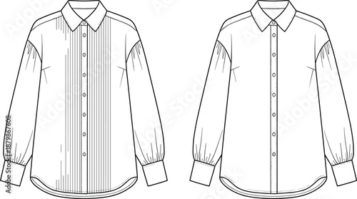 Technical flat sketches of long-sleeved button-up shirts, pleated and plain front variations