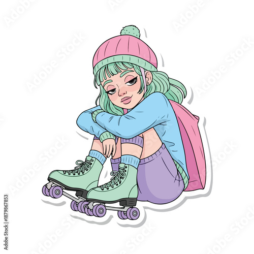 Illustration of a young woman with green hair wearing roller skates, a pink beanie, and purple shorts, sitting on a white background with a thoughtful expression.