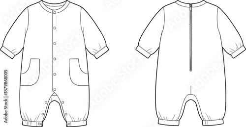 Technical flat sketch of baby romper, front and back views with snap buttons, zipper, patch pockets, and cuffed sleeves