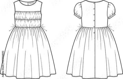 Technical flat sketch of girl's dress, front and back views with gathered bodice, flared skirt, and button closure