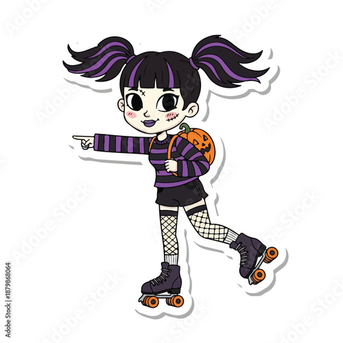 A cartoon girl with purple pigtails and a jack-o-lantern backpack points while rollerblading in a playful, festive outfit against a clean white background.